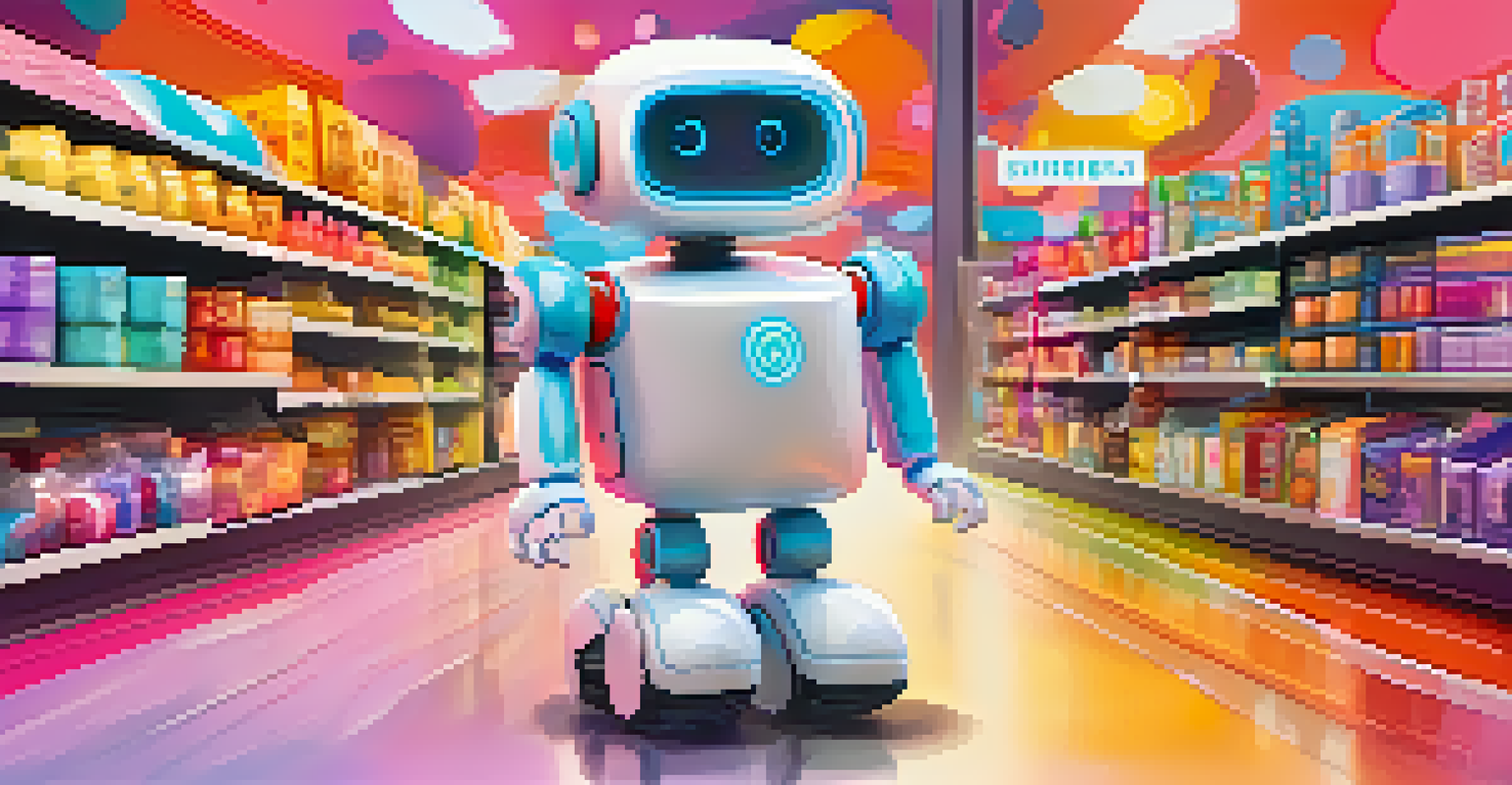 A futuristic chatbot character next to a shopping cart full of colorful products against an abstract background.