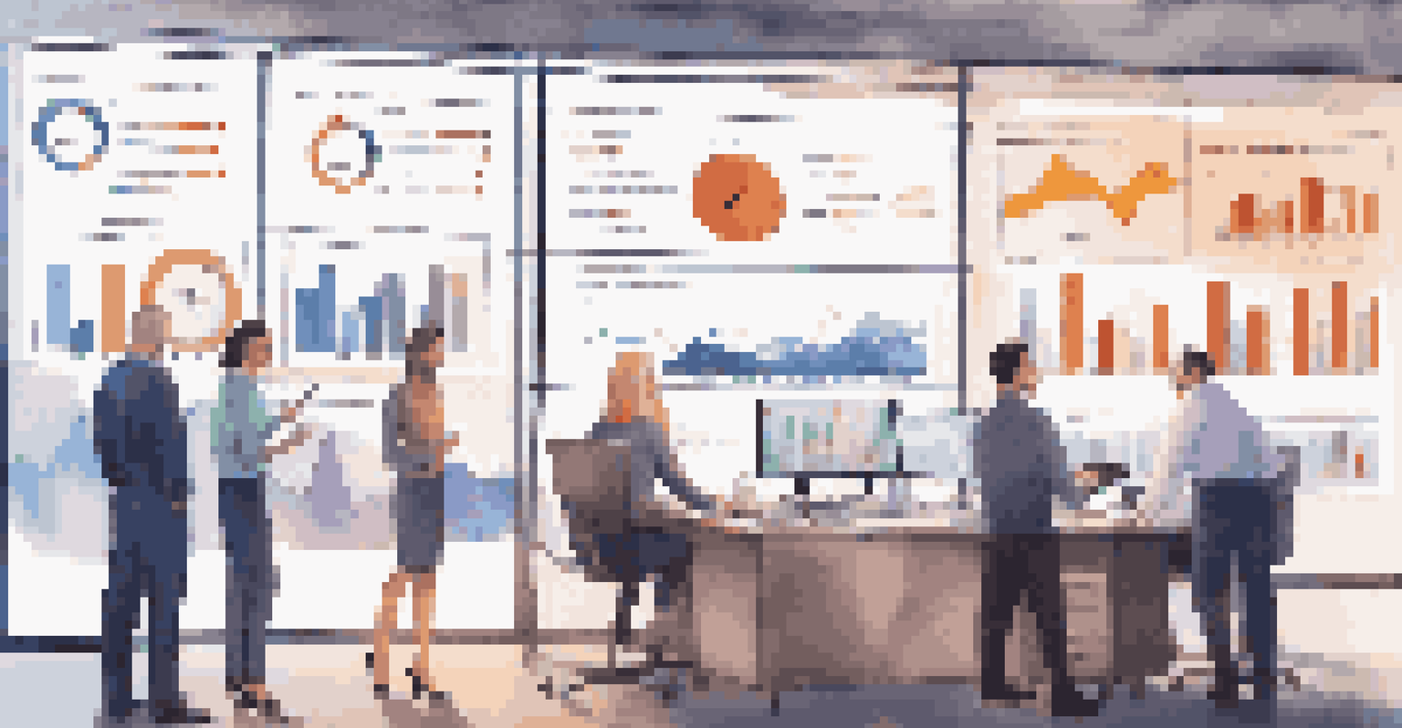 A diverse team in an office setting analyzing KPIs displayed on a screen, with charts and graphs in view.