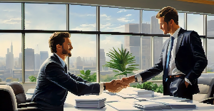 Two businesspeople shaking hands in a well-lit conference room with documents and laptops on the table, conveying a professional negotiation atmosphere.