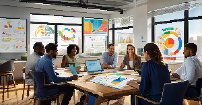 A diverse group of entrepreneurs brainstorming together at a table filled with laptops and charts about market research in a bright room.