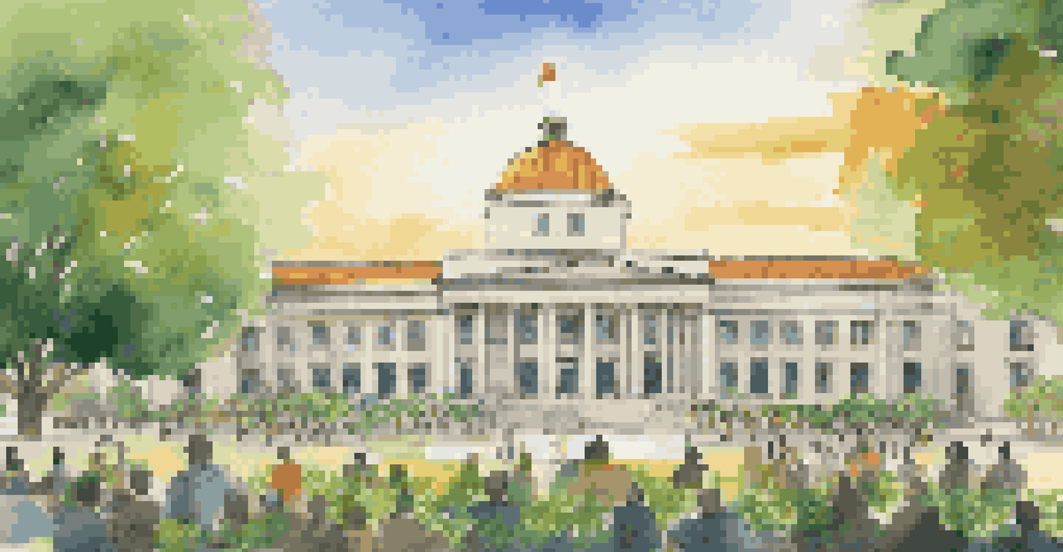 A government building with solar panels and a diverse group discussing impact investments.
