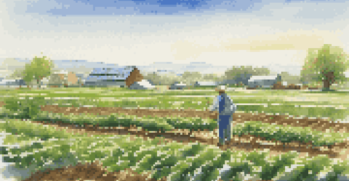 A sustainable farm landscape with green crops, solar panels, and a farmer in warm morning light.