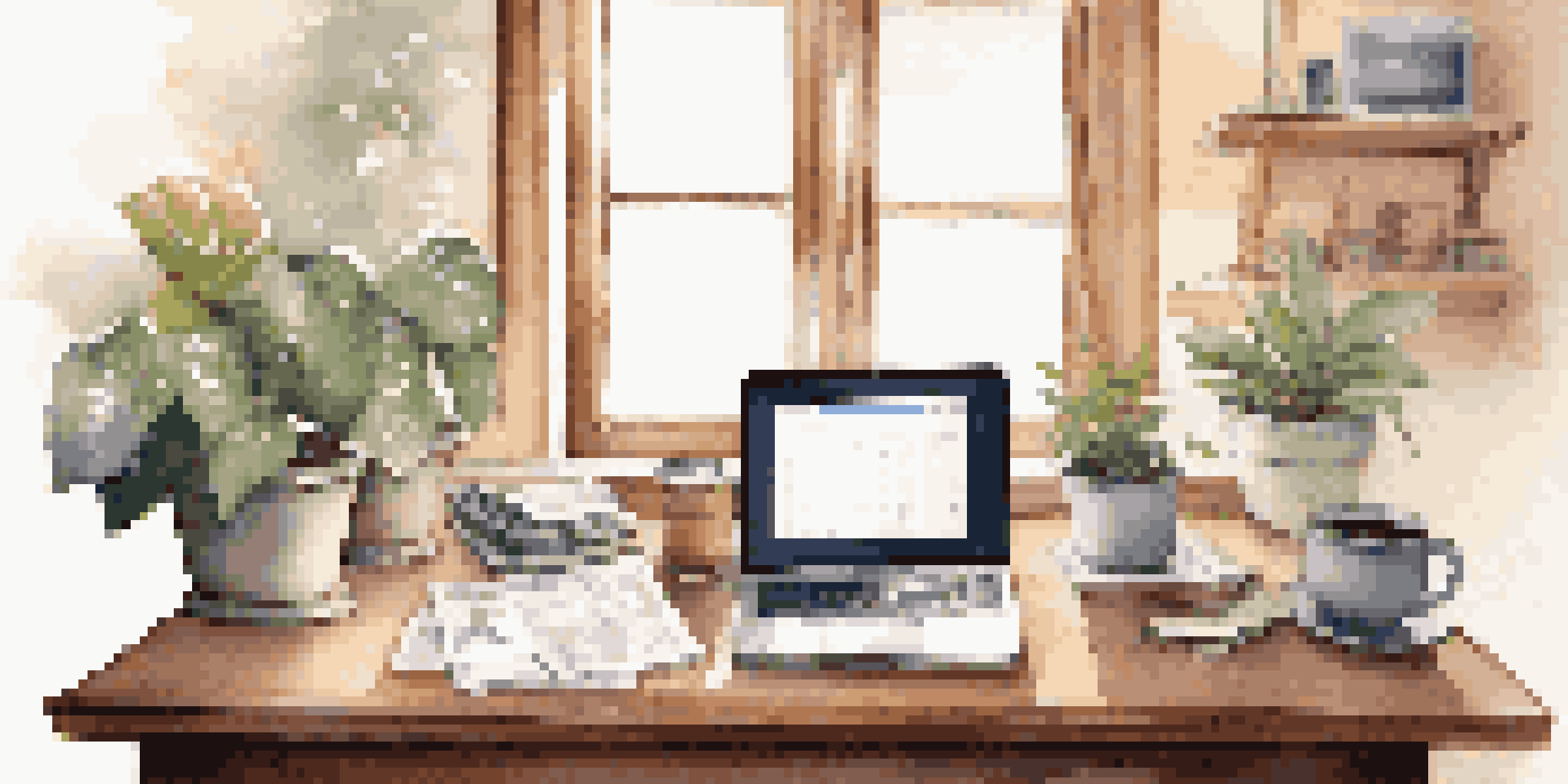 A cozy home office with a wooden desk, laptop, notepad, plant, and coffee cup, illuminated by morning light.