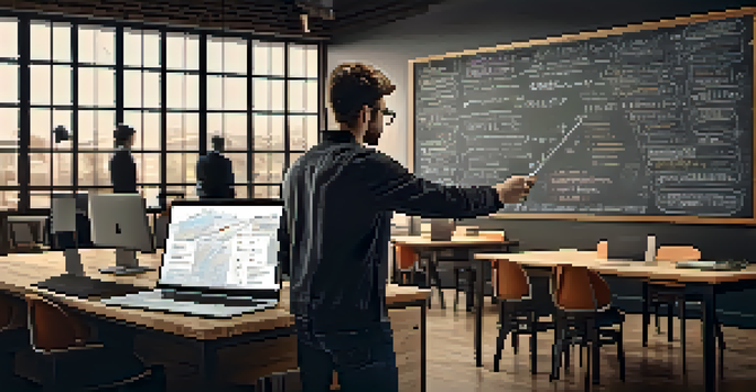 A chalkboard with SEO keywords for online reputation, as a person points at it in a creative office setting with a laptop.