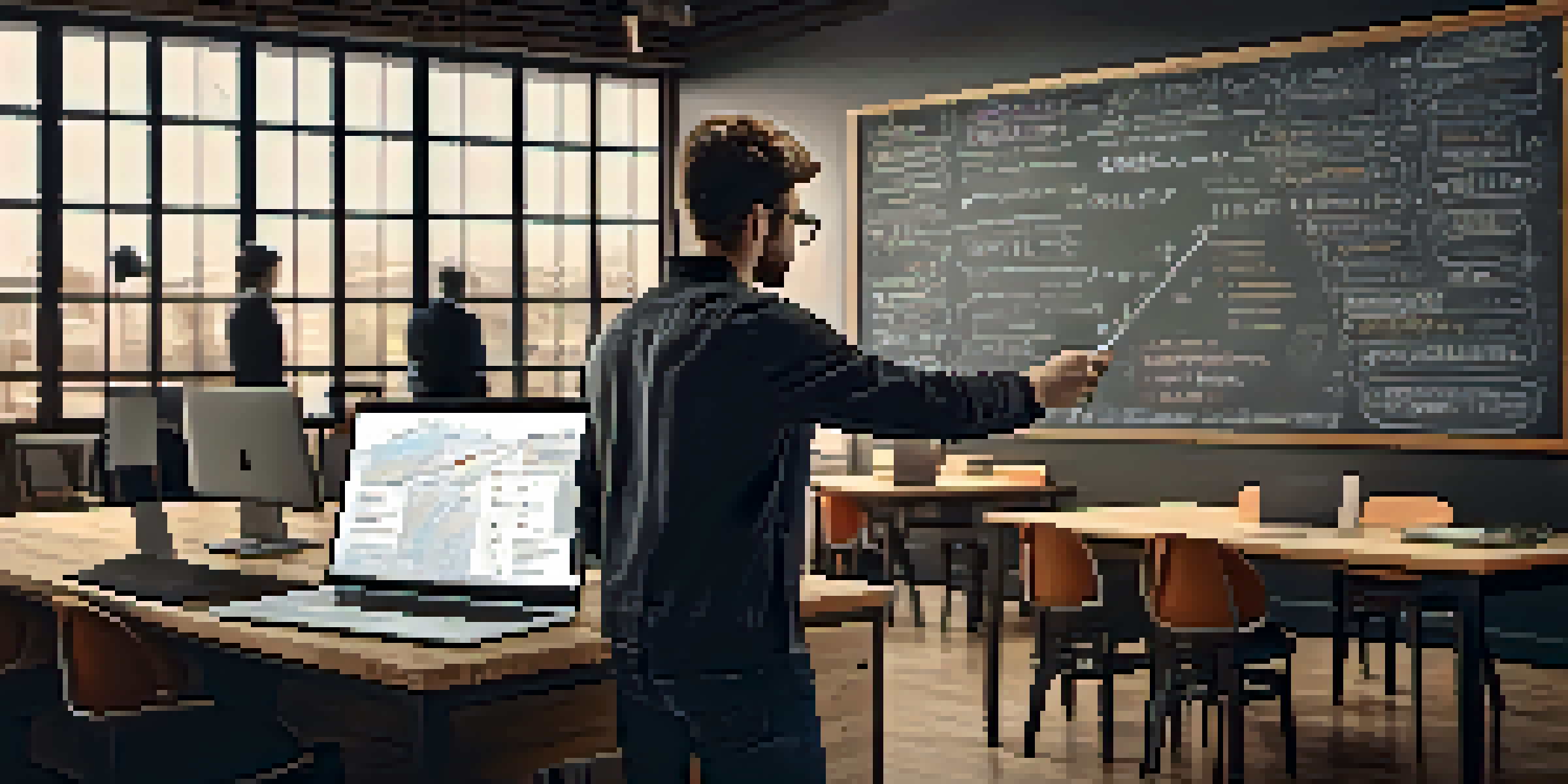 A chalkboard with SEO keywords for online reputation, as a person points at it in a creative office setting with a laptop.