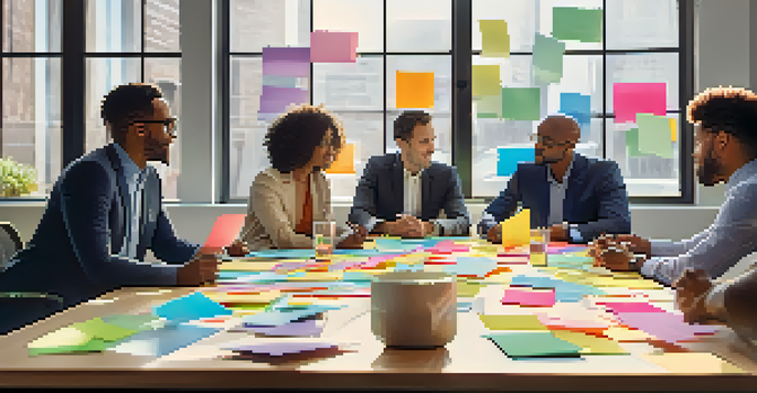 A diverse group of professionals collaborating at a conference table, sharing ideas and using colorful sticky notes in a bright, well-lit room.