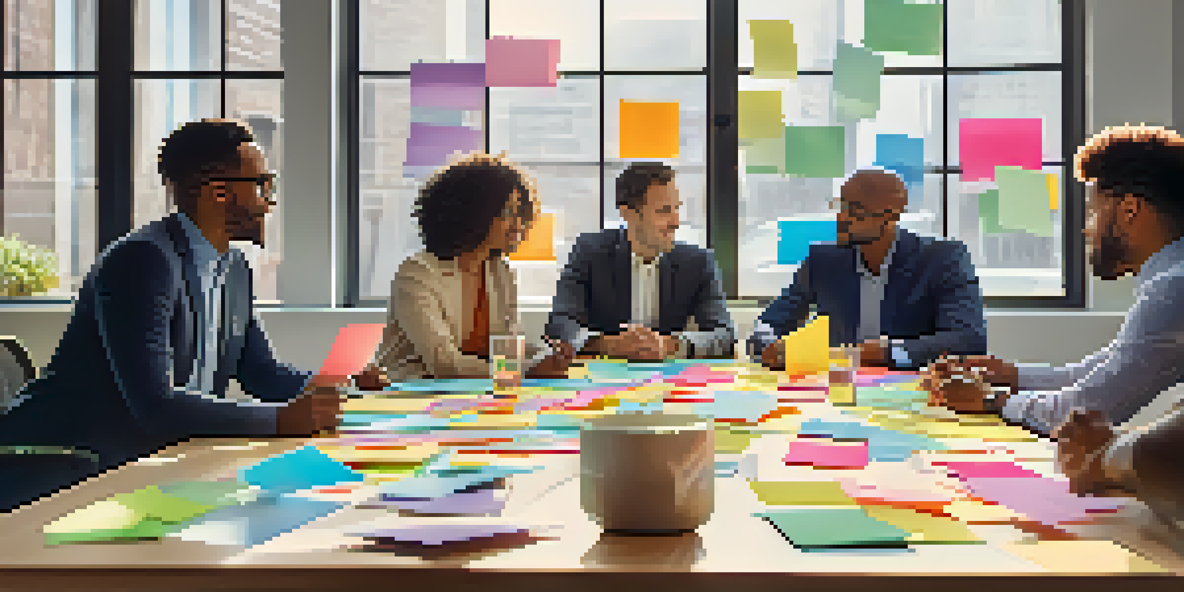 A diverse group of professionals collaborating at a conference table, sharing ideas and using colorful sticky notes in a bright, well-lit room.