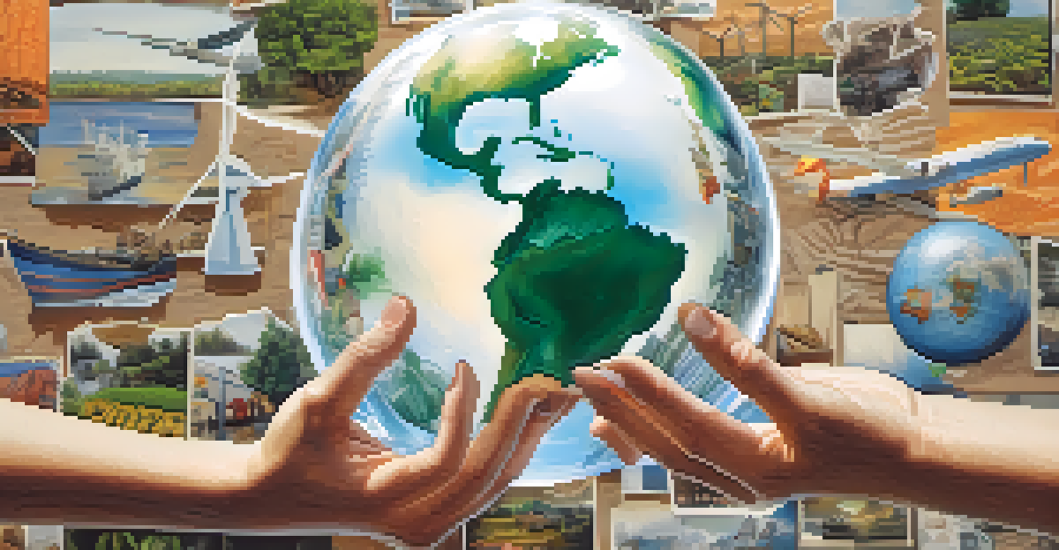 Close-up of hands holding a transparent globe with images of sustainable practices, such as recycling and wind turbines.