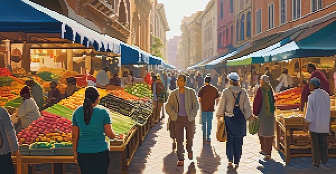 A vibrant marketplace with diverse vendors selling ethically sourced products under warm sunlight.