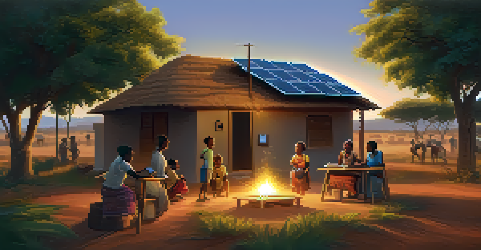 A family in a rural African village using solar energy, with children studying and a woman cooking, against a sunset backdrop.
