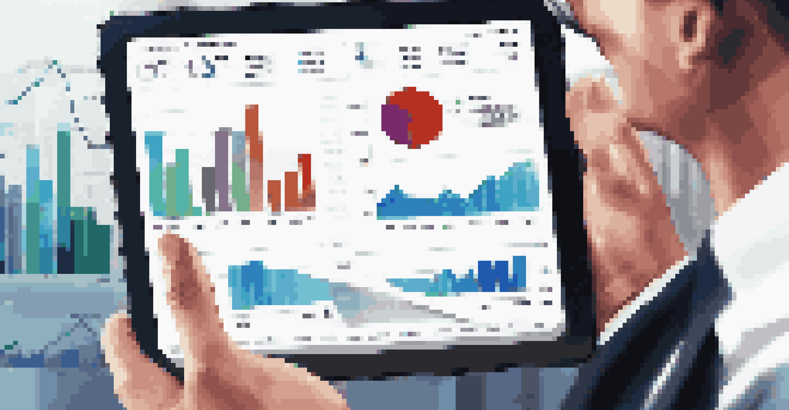 A close-up of a professional holding a tablet showing analytics and data graphs related to mergers and acquisitions in an office setting.