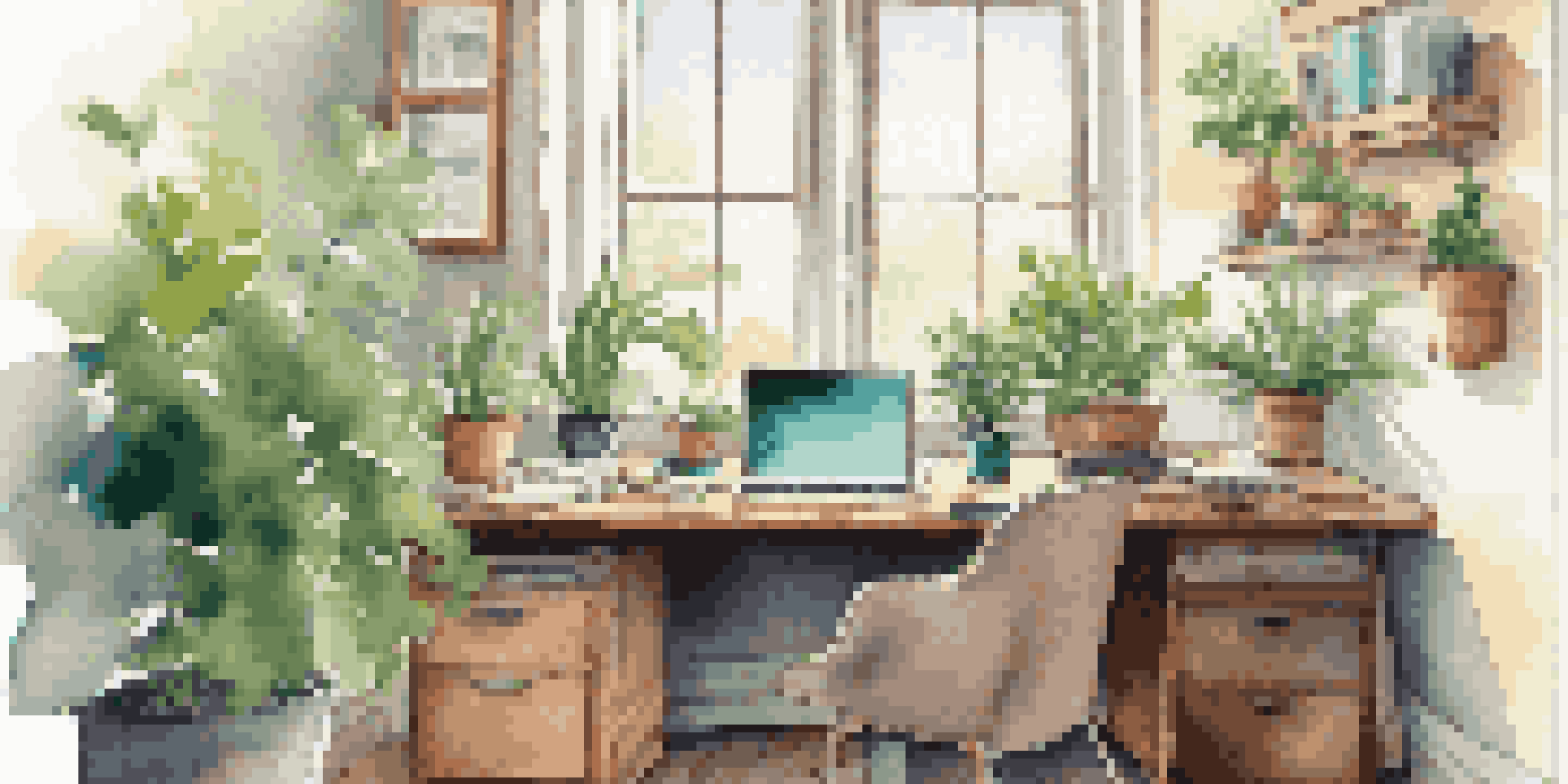A cozy office setup with a wooden desk, laptop, plants, and coffee cup, illuminated by natural light from a window.