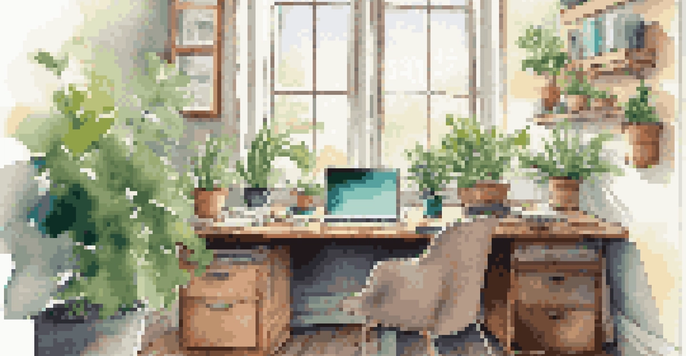 A cozy office setup with a wooden desk, laptop, plants, and coffee cup, illuminated by natural light from a window.