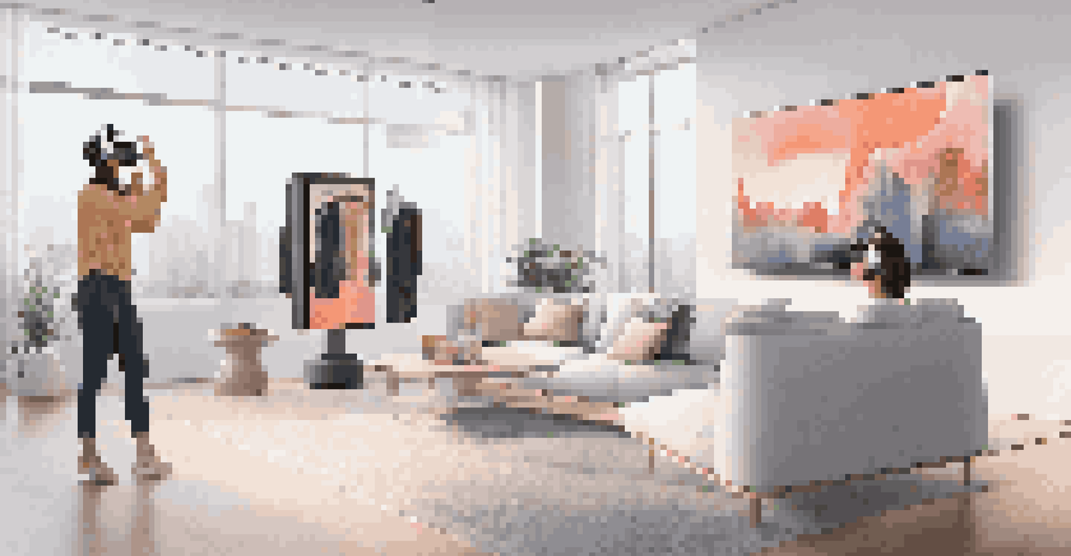 A person using virtual reality to try on clothes in a modern living room, showcasing interactive technology for emotional brand engagement.