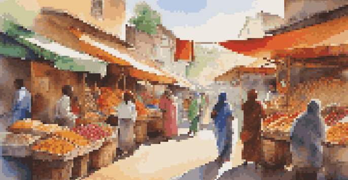 A lively marketplace with colorful stalls selling Fair Trade products, showcasing diversity and community.