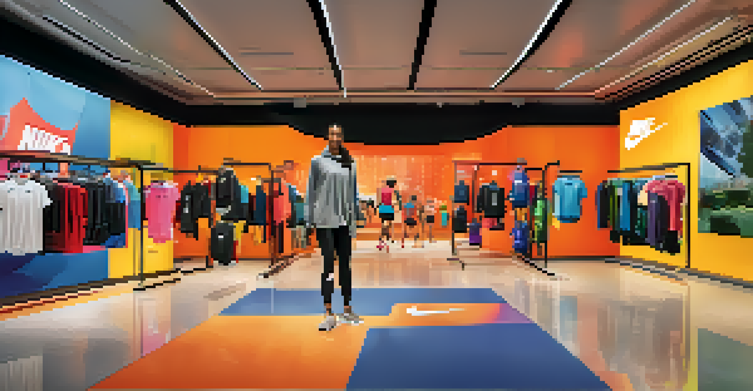 An energetic Nike store showcasing customers trying on athletic wear and engaging in fitness activities.