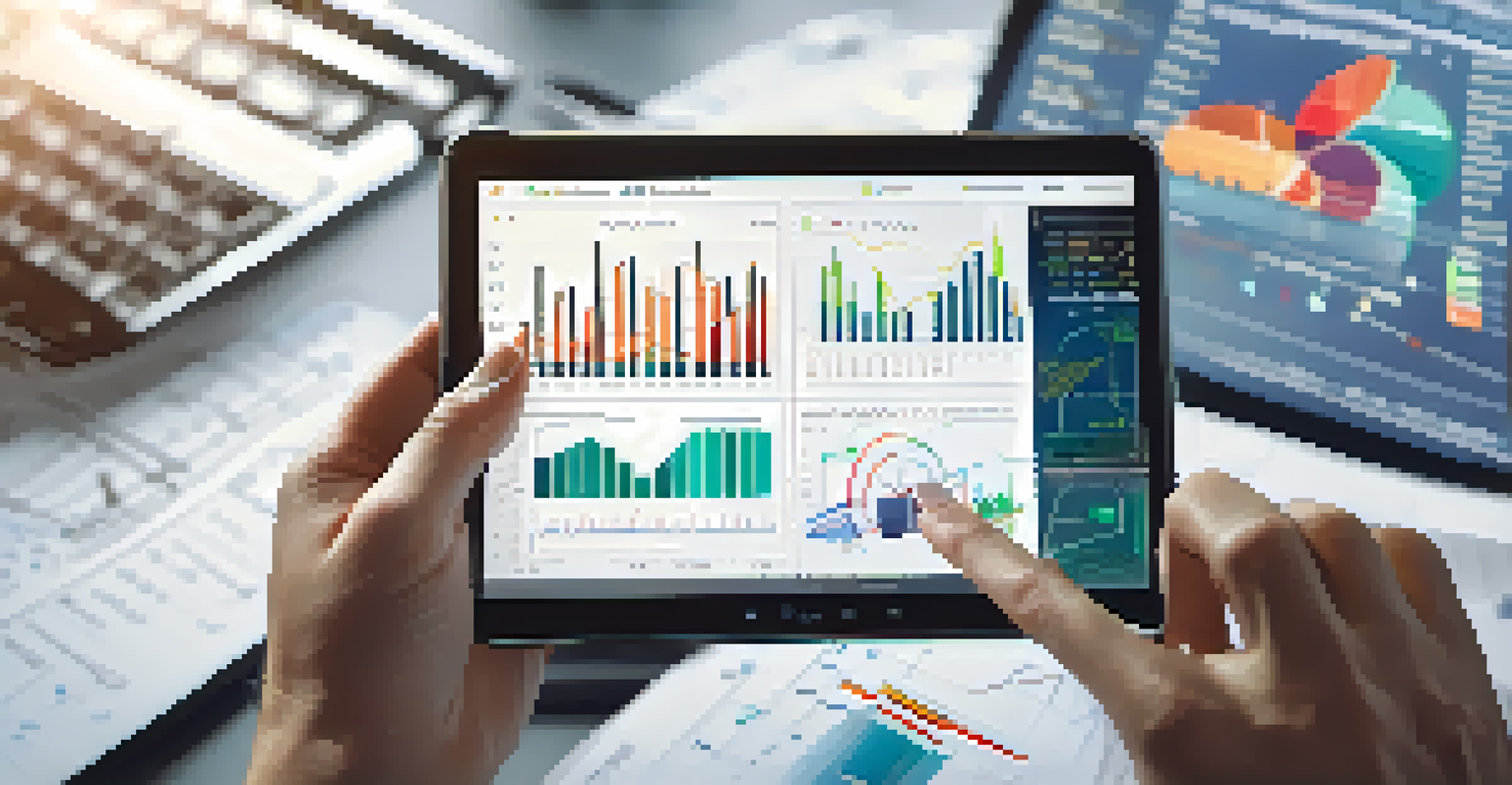 A close-up of a data analyst using a tablet, showing complex graphs and charts on the screen in a blurred office background.