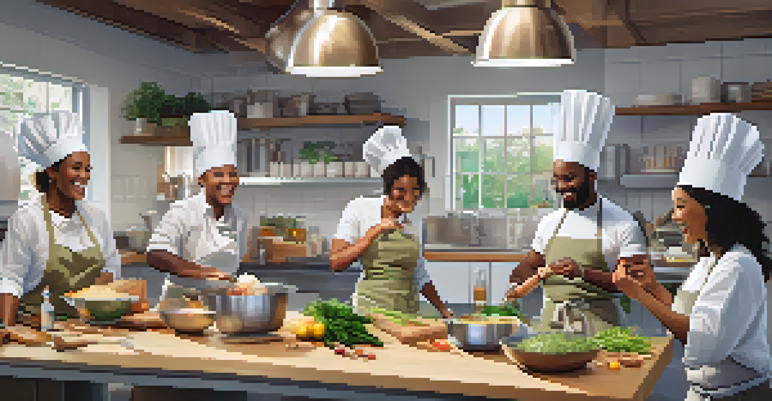 Employees participating in a team-building cooking class, working together in a modern kitchen with fresh ingredients.