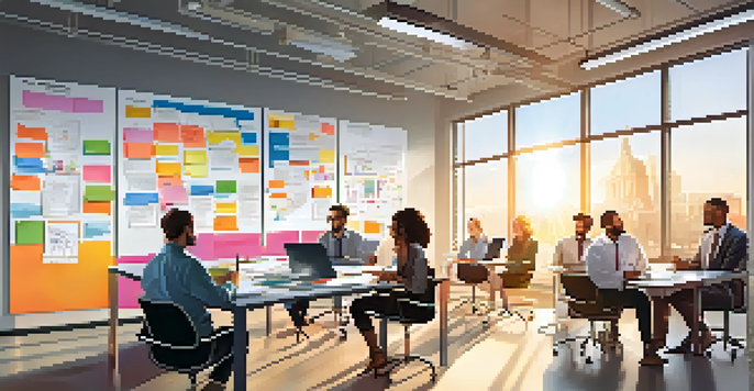 A diverse group of team members discussing ideas in a bright, modern office filled with diagrams and post-it notes.