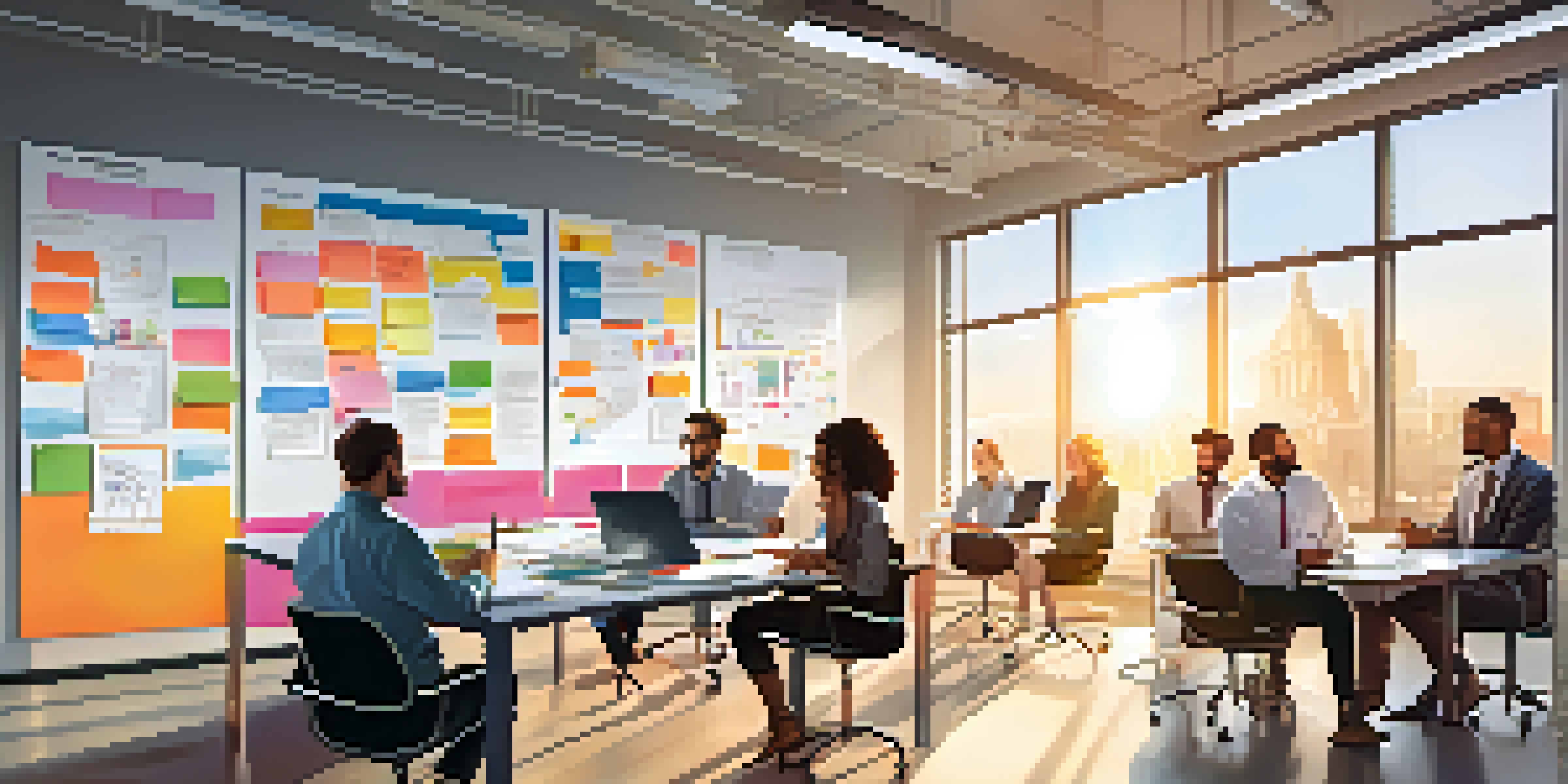 A diverse group of team members discussing ideas in a bright, modern office filled with diagrams and post-it notes.