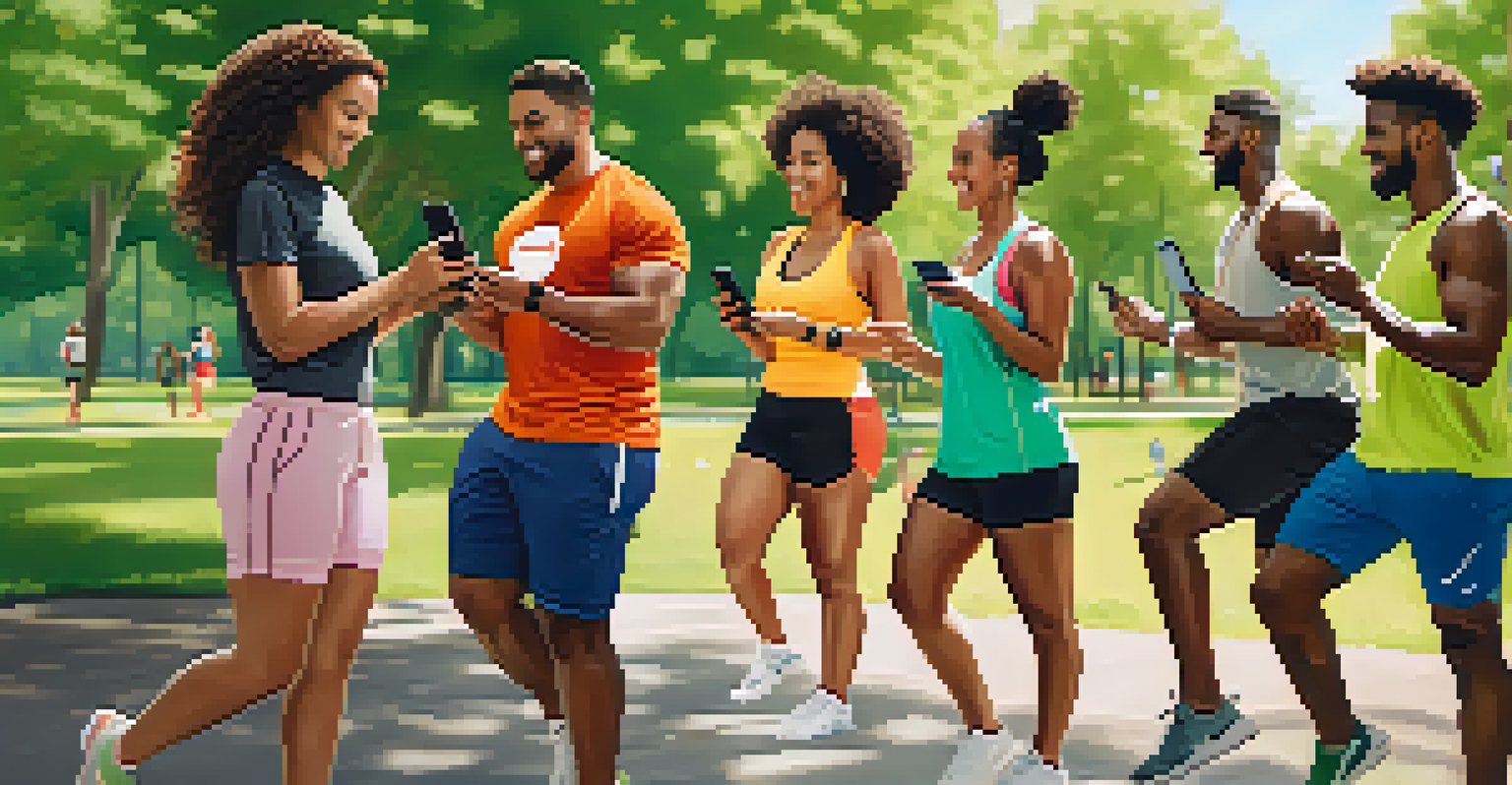 A diverse group of friends outdoors participating in a fitness challenge, sharing experiences through smartphones in a sunny park.
