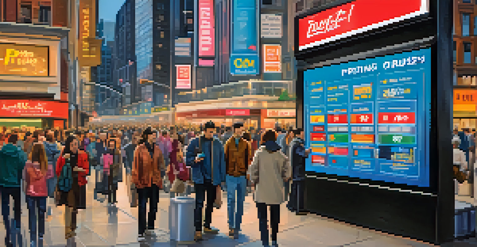 A digital display board showing fluctuating prices in a busy urban setting, with people using smartphones, highlighted by bright colors.