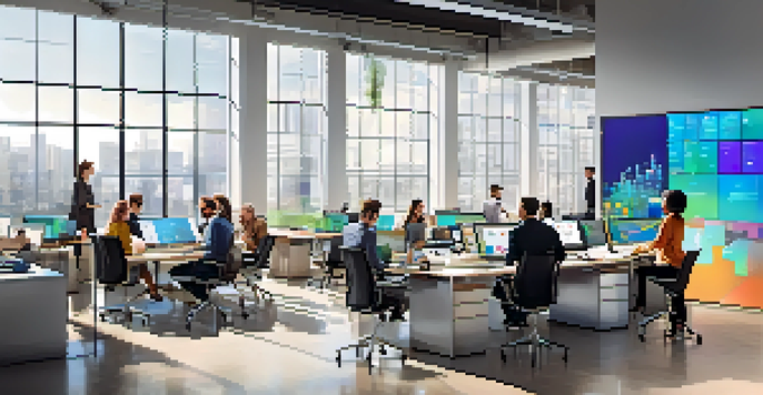 A diverse group of professionals working together in a bright, modern office space, showcasing collaboration and innovation.