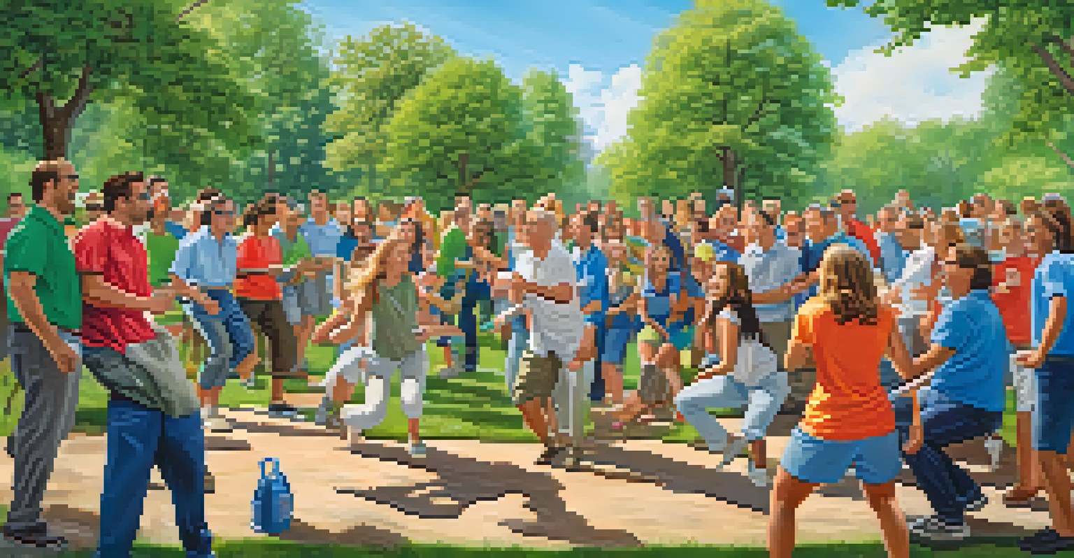 Employees participating in a team-building event outdoors, engaging in trust falls and games, with a lively and cheerful atmosphere.
