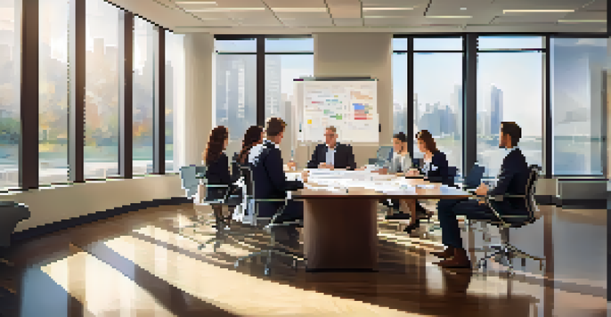 A group of diverse professionals discussing a business succession plan in a bright office with charts and a whiteboard in the background.