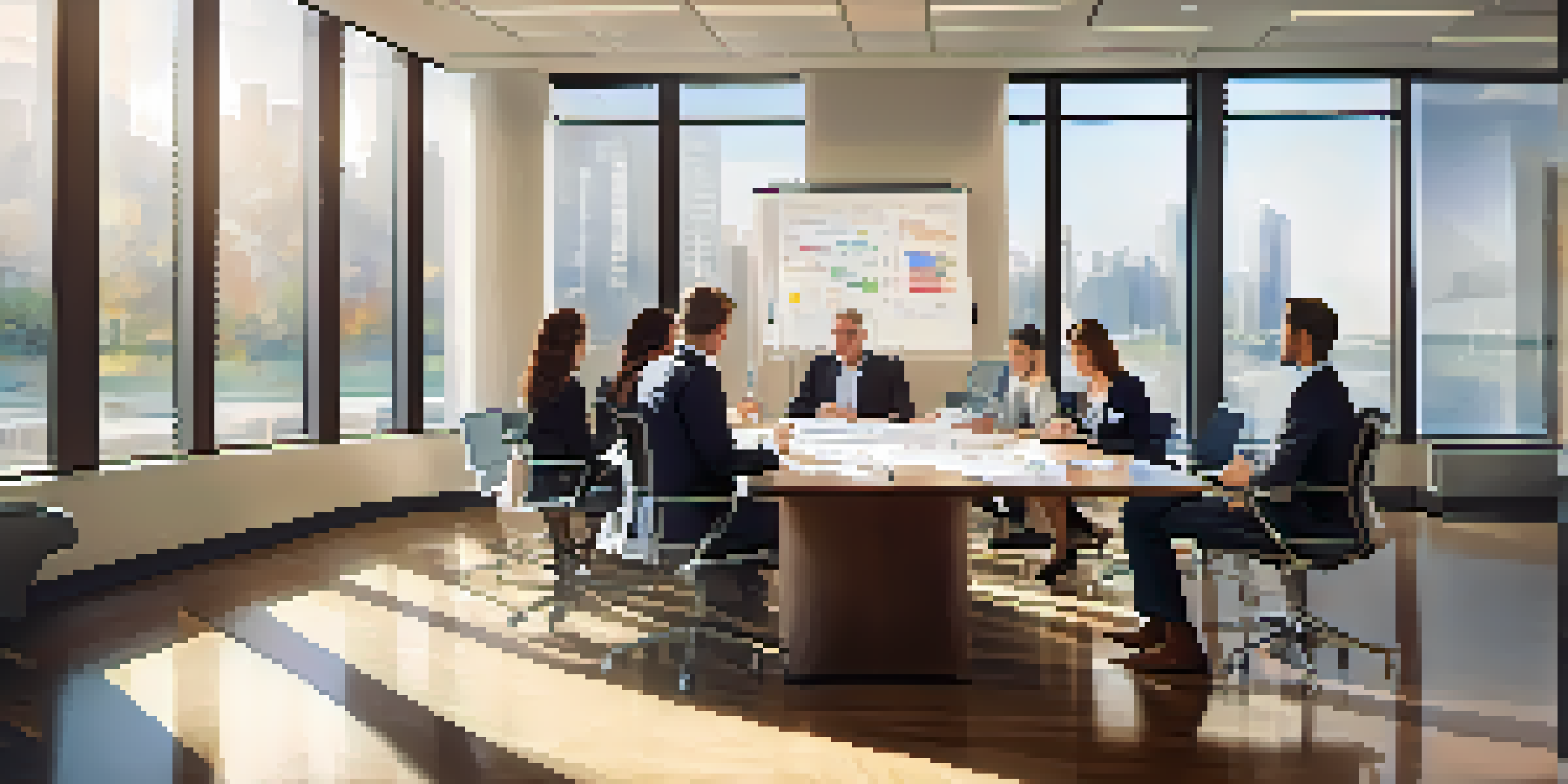 A group of diverse professionals discussing a business succession plan in a bright office with charts and a whiteboard in the background.