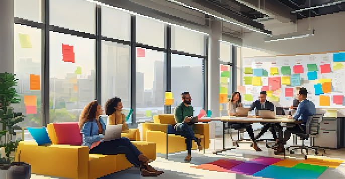 A diverse team of professionals collaborating in a bright office space, surrounded by modern furniture and colorful post-it notes.