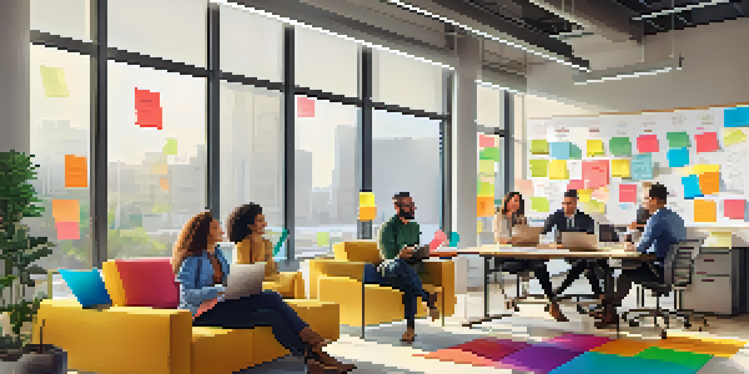 A diverse team of professionals collaborating in a bright office space, surrounded by modern furniture and colorful post-it notes.