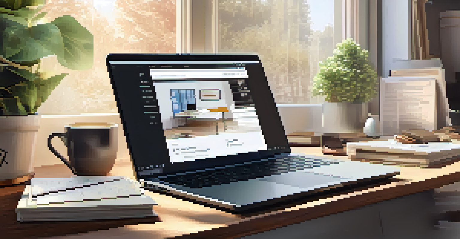A workspace with a laptop displaying an e-commerce website, notes, and a coffee cup, illuminated by natural light.