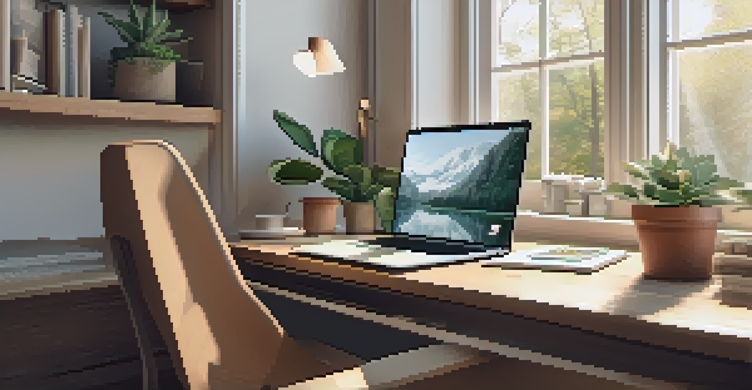 A cozy workspace with a laptop, notebook, coffee cup, and a plant, illuminated by natural light.