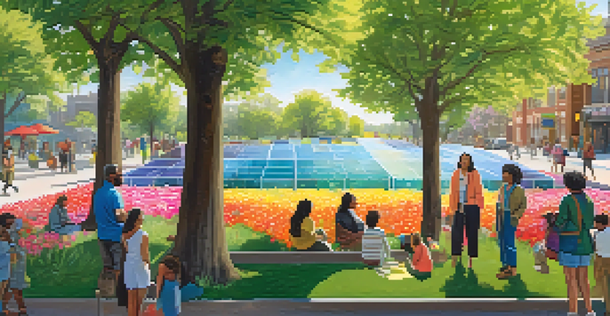 A diverse group of people in an urban park discussing community-centric impact investing around a map.