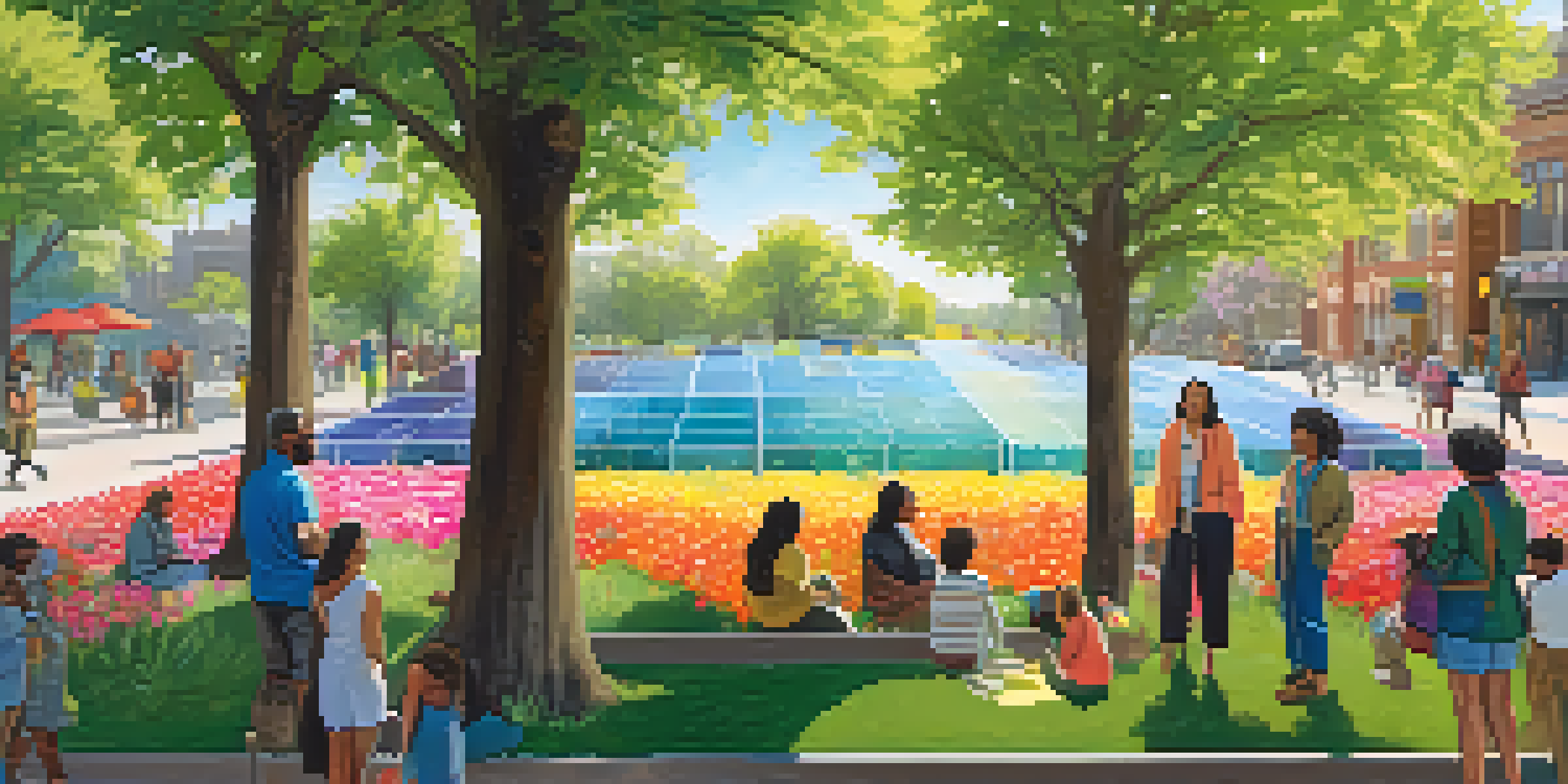 A diverse group of people in an urban park discussing community-centric impact investing around a map.
