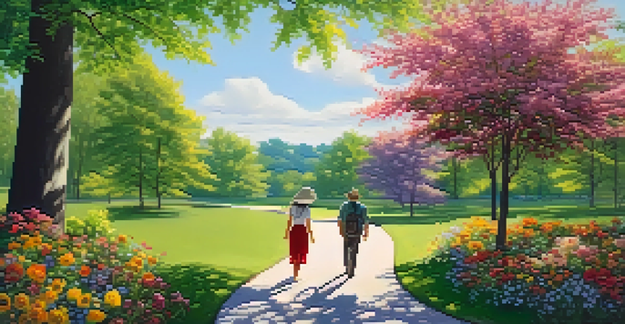 A couple walking in a vibrant park filled with colorful flowers and sunlight filtering through trees.