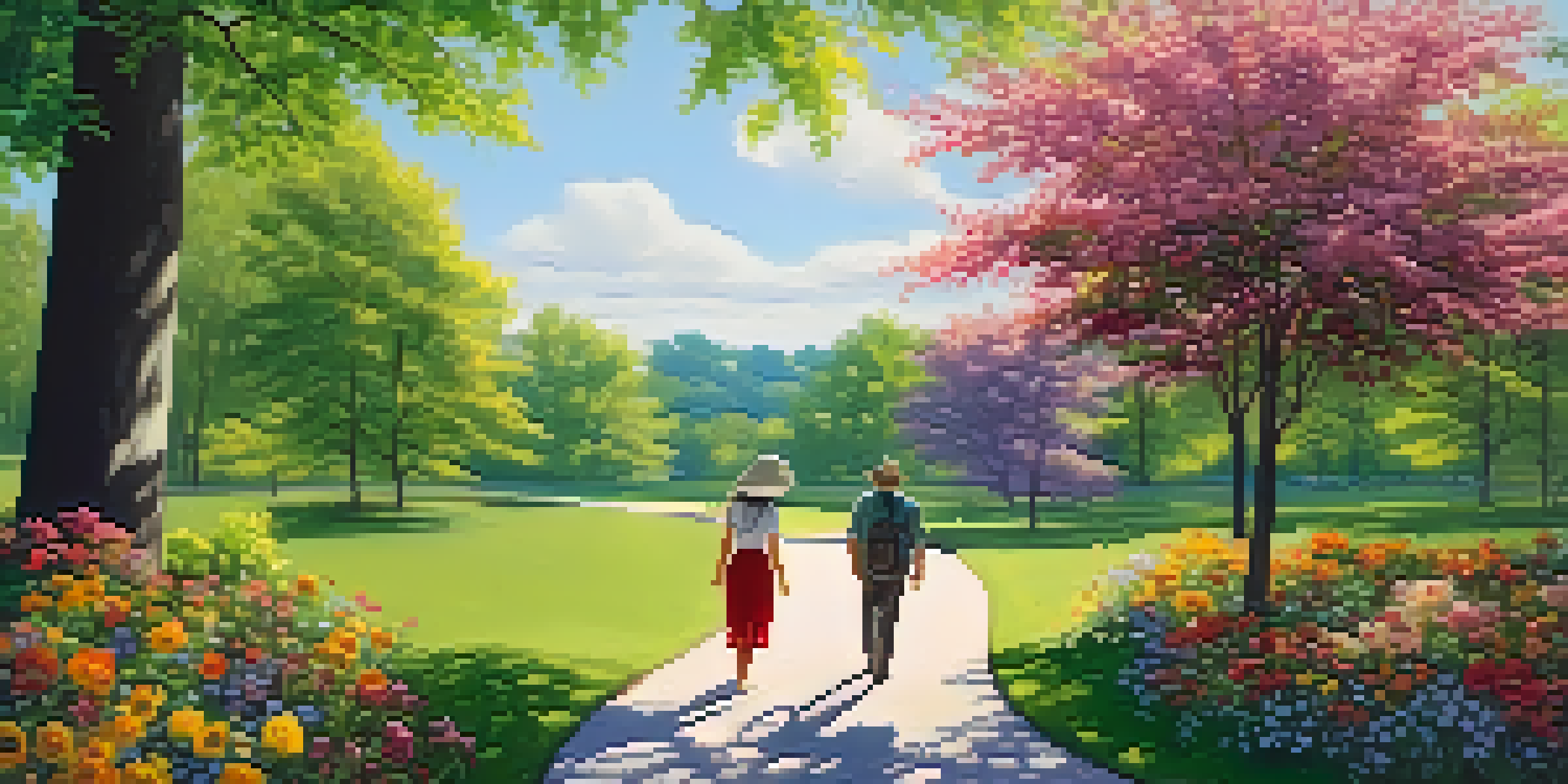 A couple walking in a vibrant park filled with colorful flowers and sunlight filtering through trees.