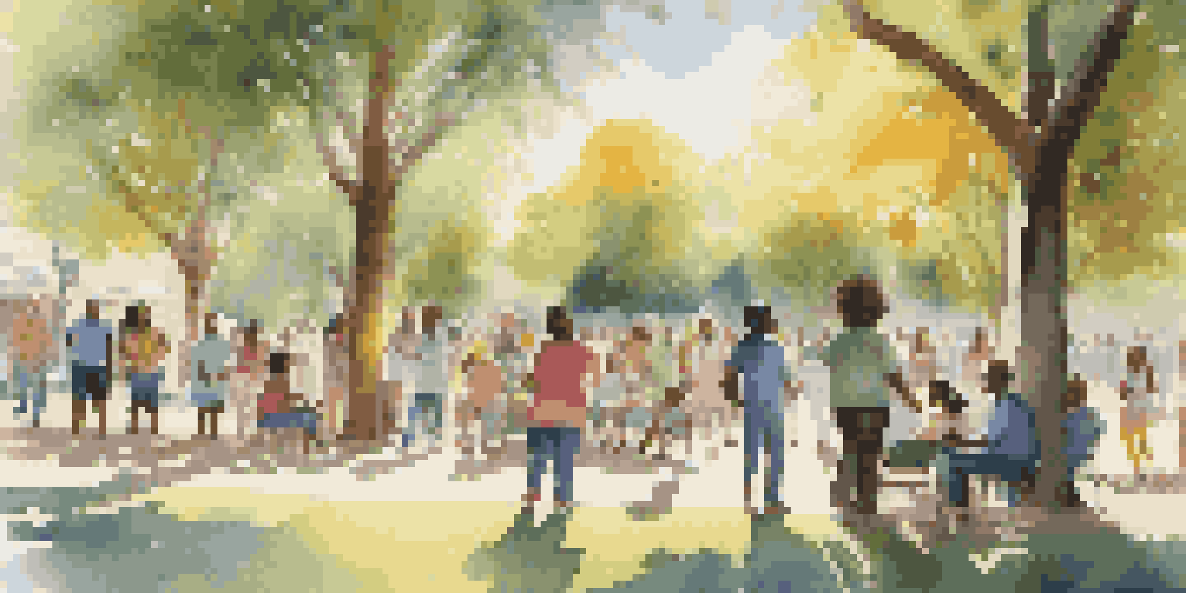 A diverse group of people in a community park, smiling and sharing stories about a crowdfunding campaign under the sunlight.