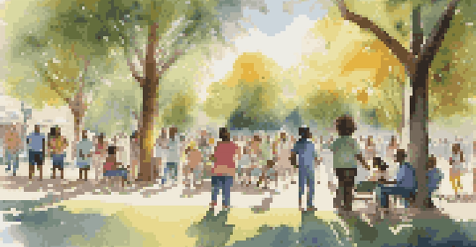 A diverse group of people in a community park, smiling and sharing stories about a crowdfunding campaign under the sunlight.