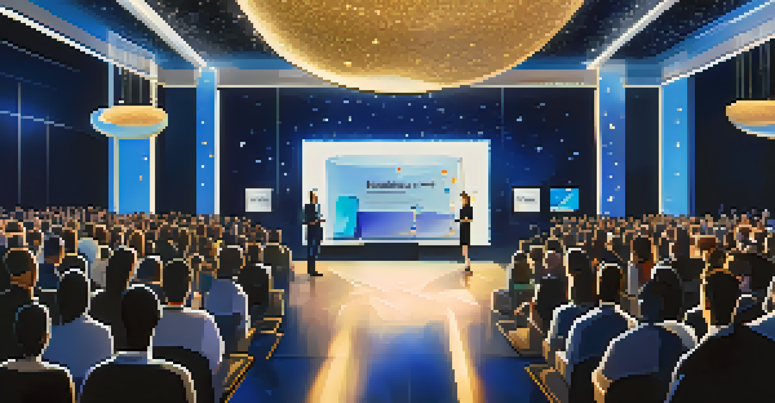 A product launch event with attendees gathered around a stage and bright lights.