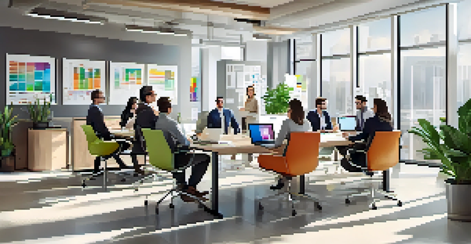 A diverse sales team in a modern office having a strategy meeting, surrounded by natural light and colorful decor.