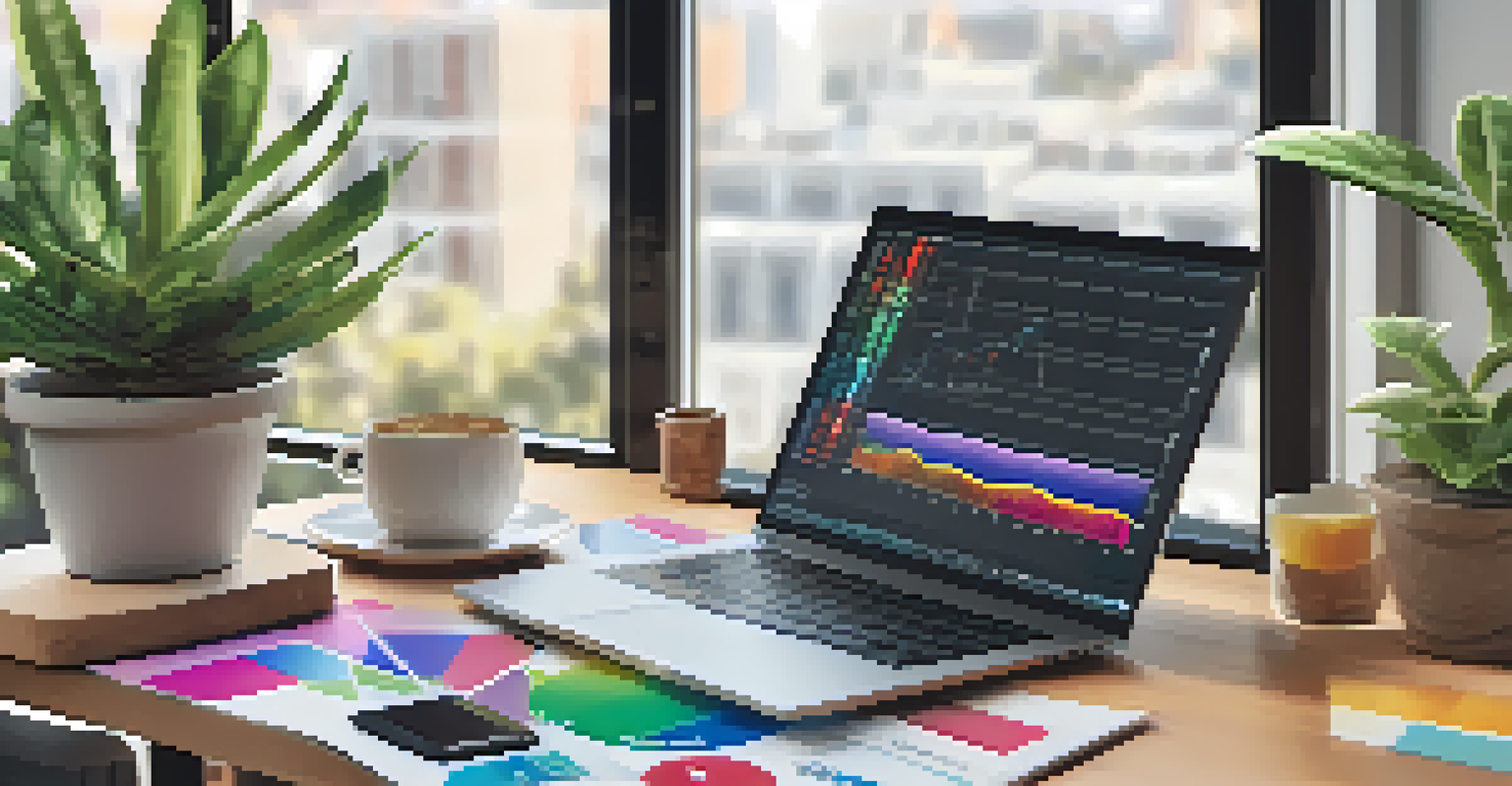A stylish desk with a laptop showing social media engagement metrics, accompanied by a coffee cup and a green plant, illuminated by natural light.