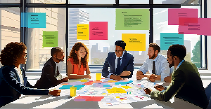 A diverse business team brainstorming around a table with a Business Model Canvas, illuminated by sunlight from large windows.