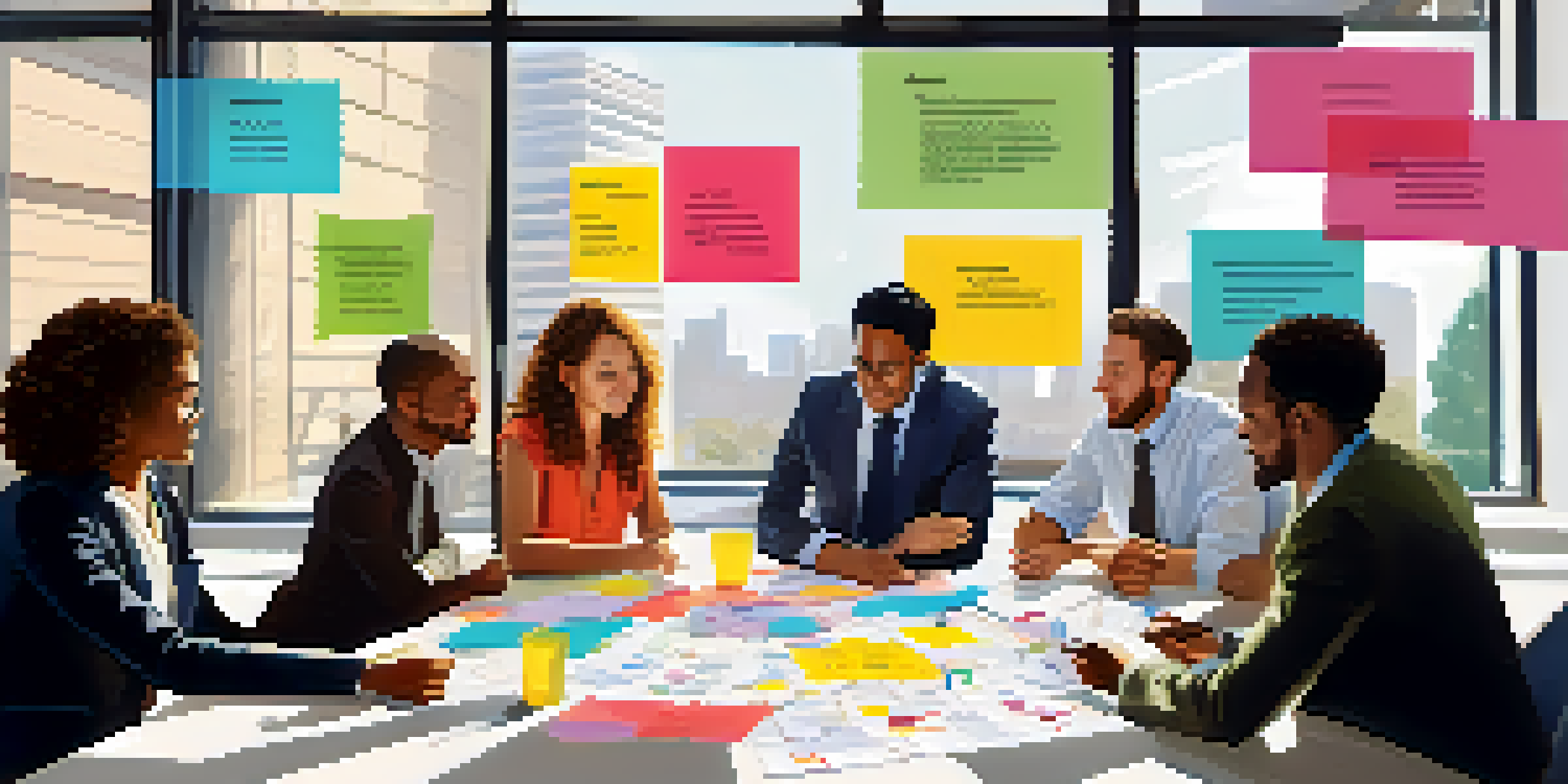 A diverse business team brainstorming around a table with a Business Model Canvas, illuminated by sunlight from large windows.