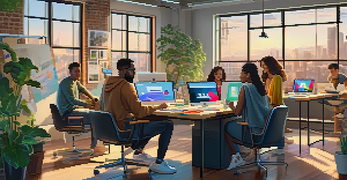 A diverse group of influencers working together in a bright, modern office space, discussing marketing strategies with laptops and creative materials around them.