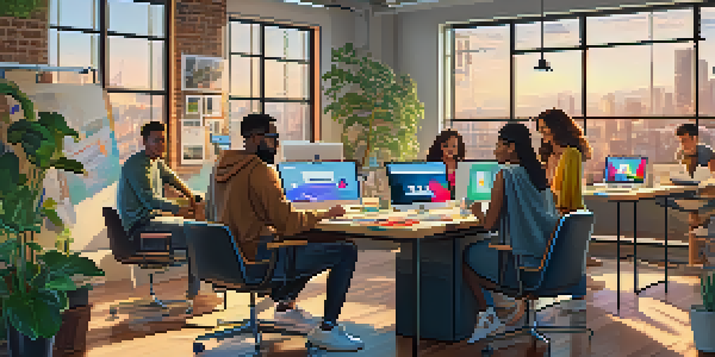 A diverse group of influencers working together in a bright, modern office space, discussing marketing strategies with laptops and creative materials around them.