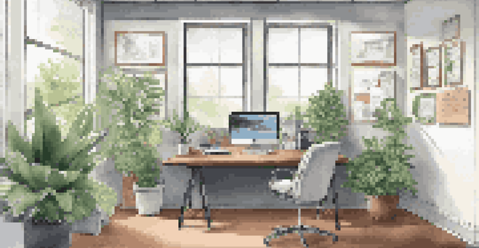 A modern office workspace with a laptop, notepad, and natural light streaming in through a window.