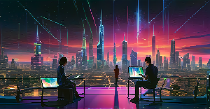 A futuristic city at night with bright 5G towers and people using mobile devices.