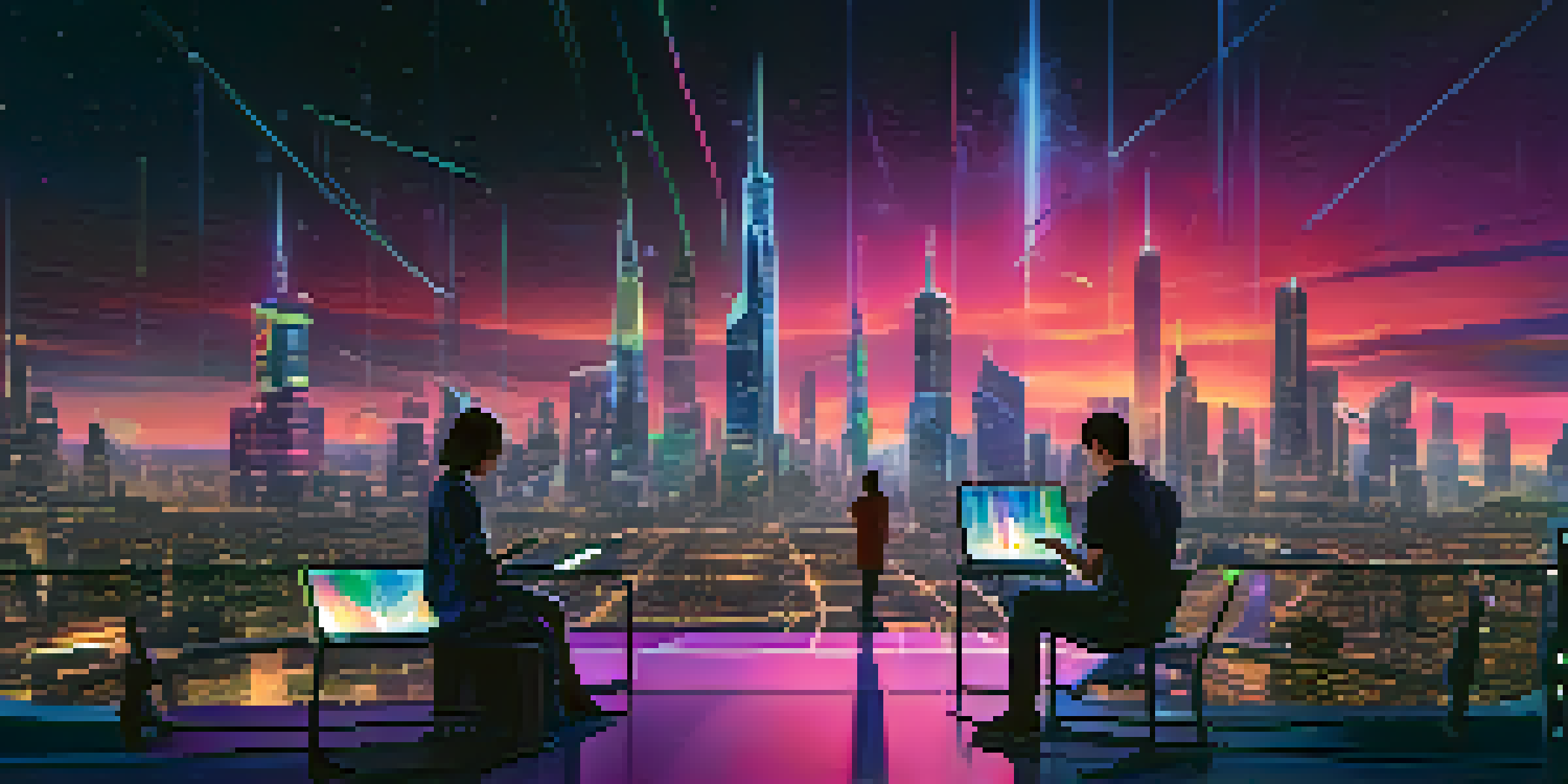 A futuristic city at night with bright 5G towers and people using mobile devices.